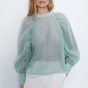 NWT Zara Semi-Sheer Blue Textured Blouse Size XS